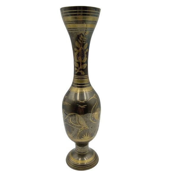 Solid Brass Tall Vase With Intricate Floral & Bird Design Made In India - Picture 4 of 10